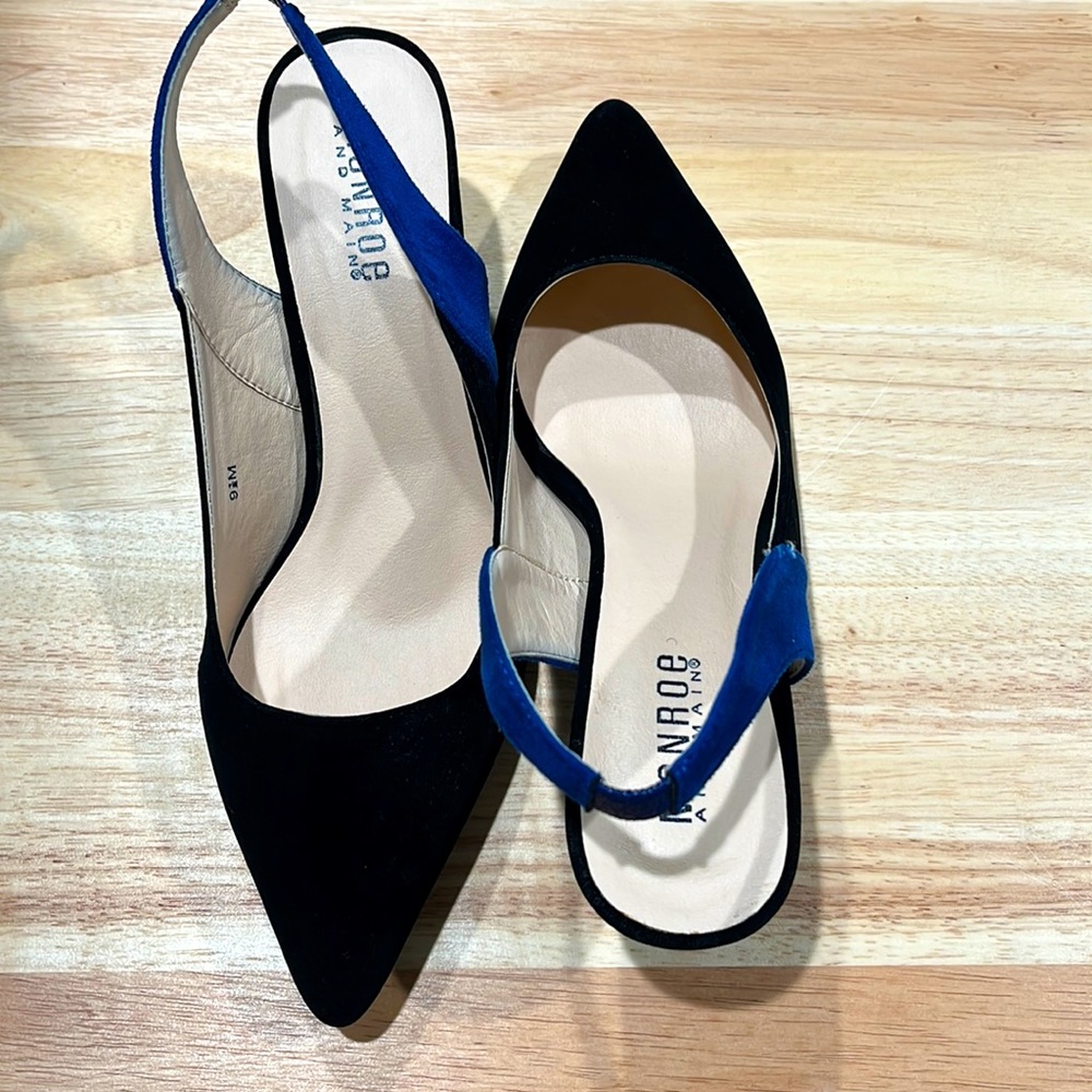 MONROE AND MAIN,Women’s size 9.5Velvet 2” Two Tone Sling back pumps,Cobalt/Black